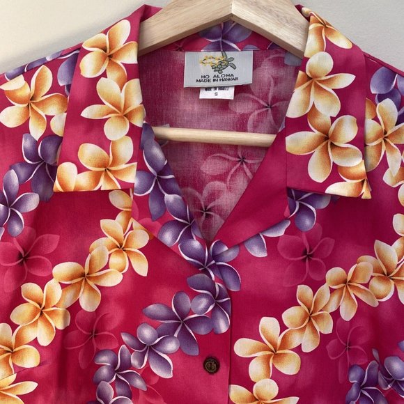 HO Aloha Hawaiian 1980’s Fitted Floral Plumeria Pink Cotton Shirt Beach Summer S - Picture 4 of 9